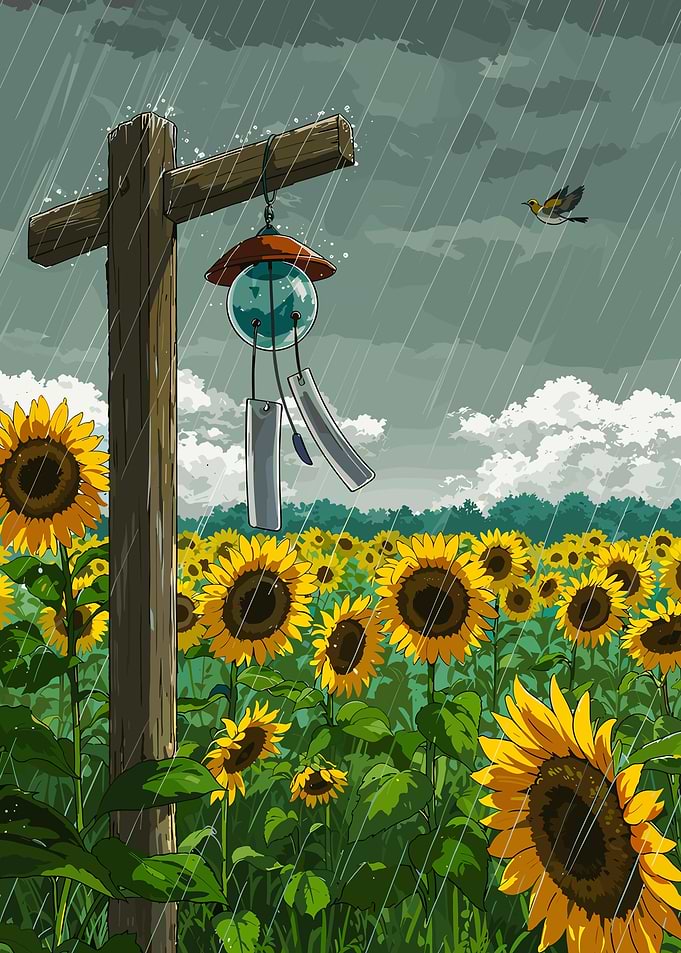 Rainy Sunflower Field with Wind Chime
