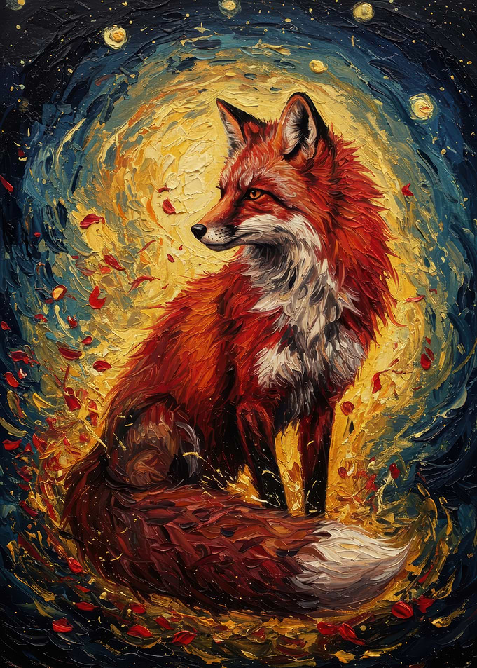Fox in Starry Night Painting