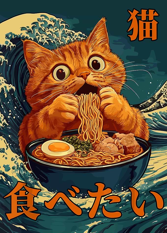 Cat Eating Ramen with Wave Background