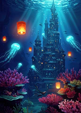 Underwater City with Jellyfish and Lanterns