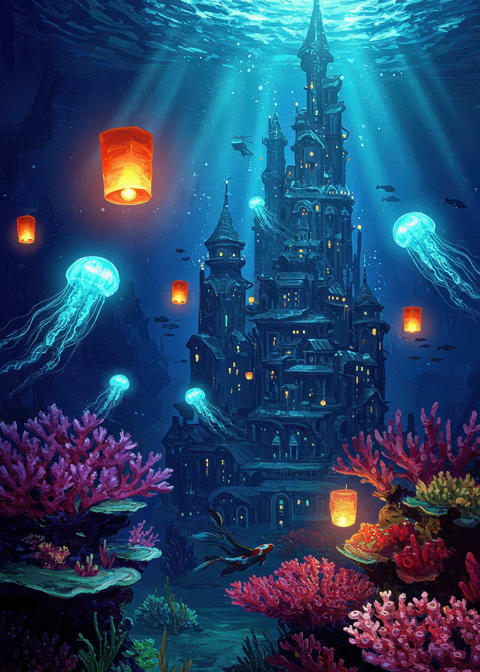 Underwater City with Jellyfish and Lanterns