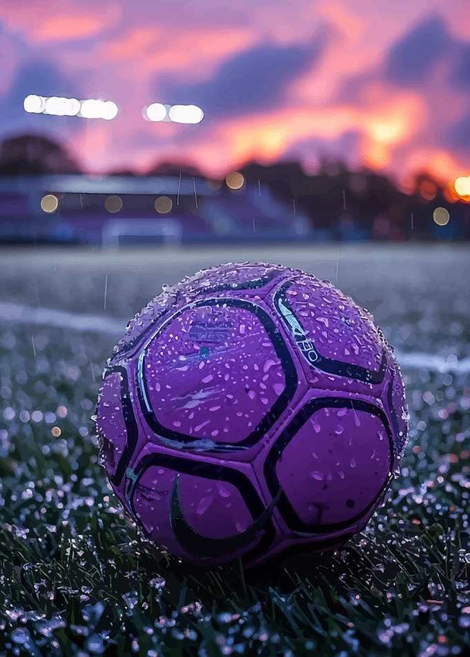 Rainy Soccer Ball on Field at Dusk
