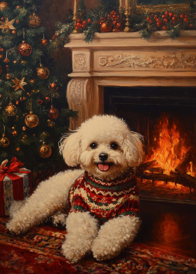 Bichon Frise in Sweater | Christmas Dog by Fireplace Painting