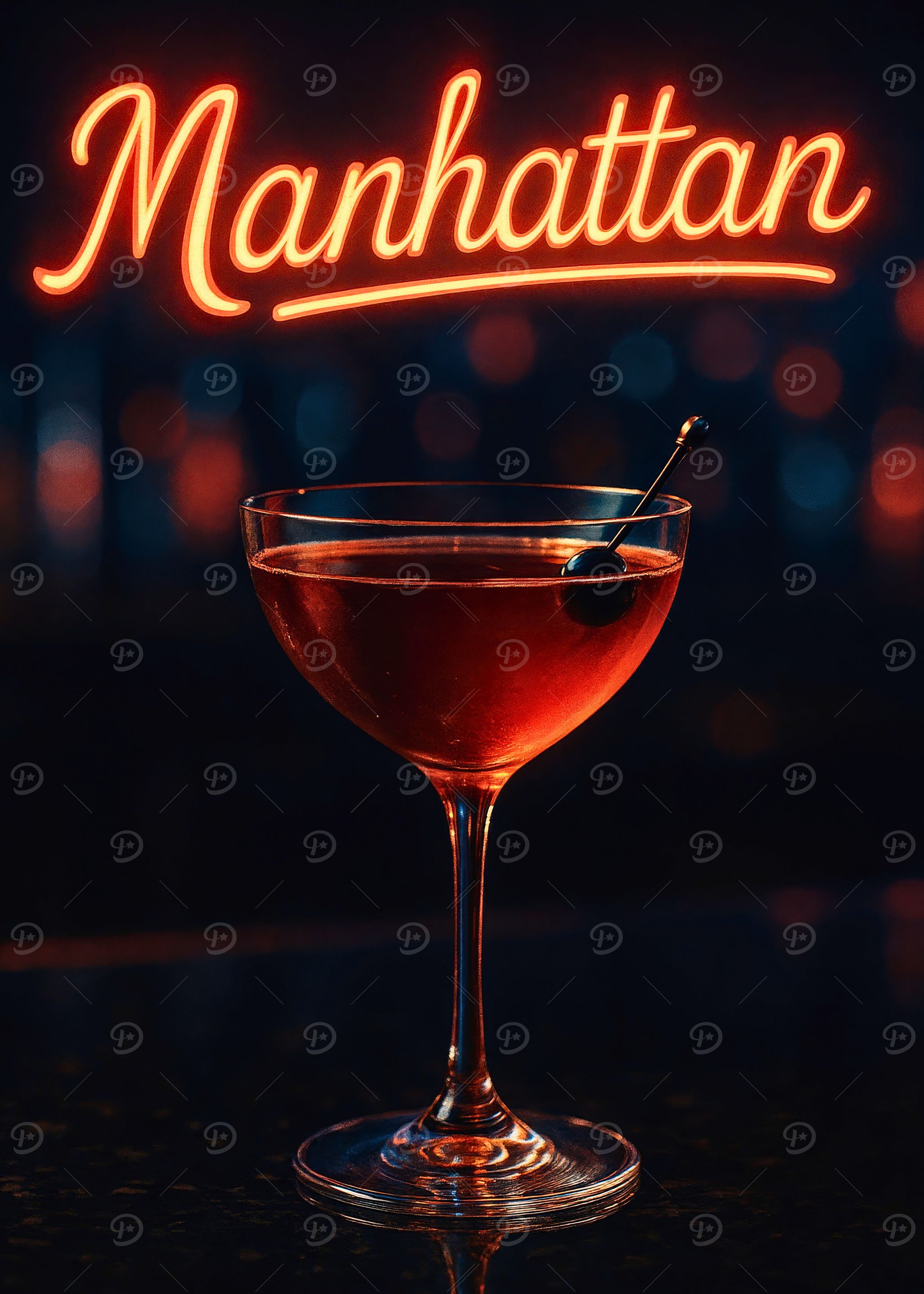Neon-Lit Manhattan in Coupe Glass with Cherry Garnish