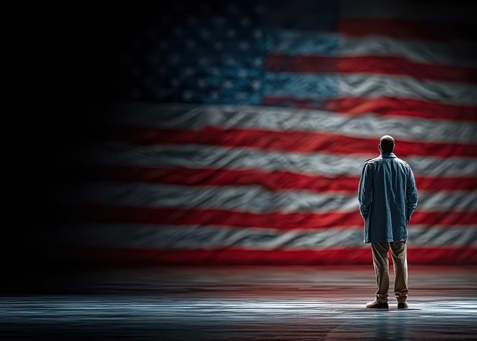 Man Standing Before American Flag
