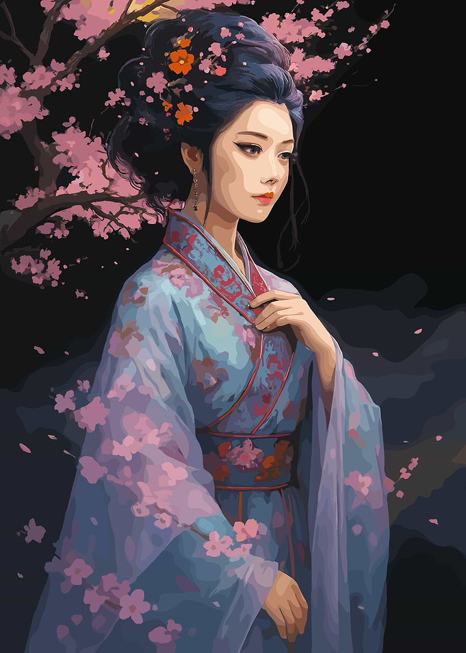 Asian Woman in Kimono with Cherry Blossoms