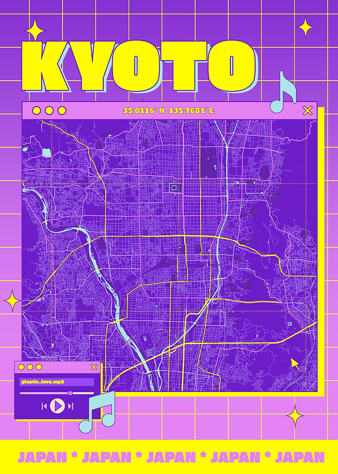 Kyoto Map Art Retro Aesthetic