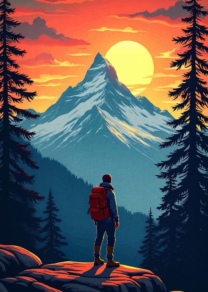 Hiker Sunset Mountain Landscape