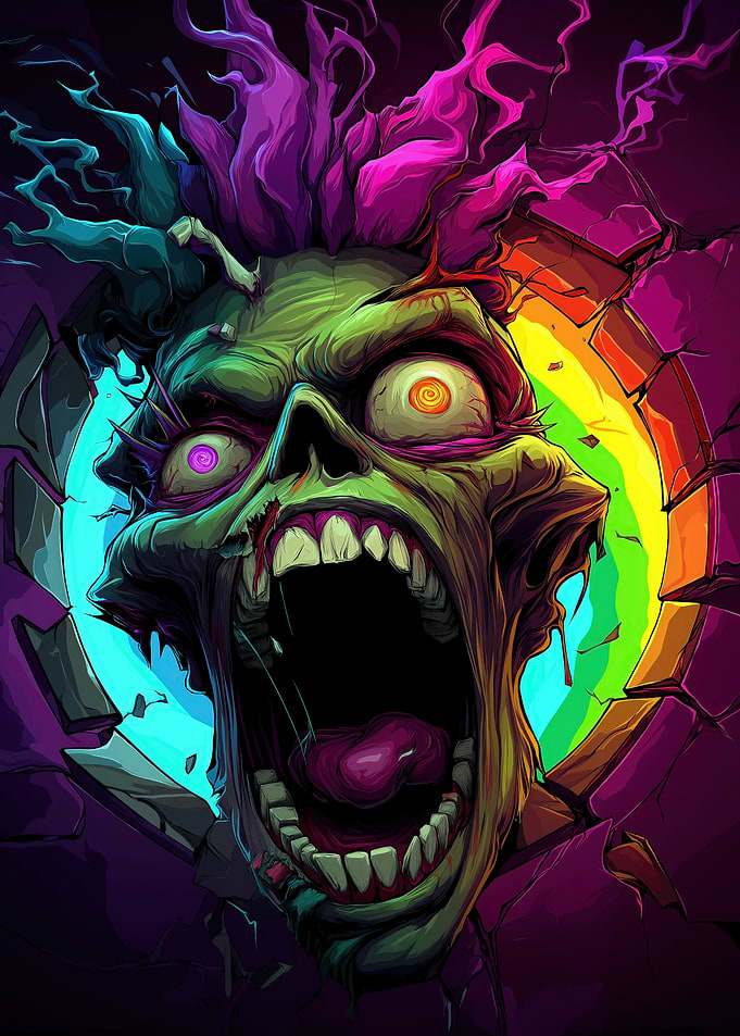Screaming Zombie Head Bursting Through Wall