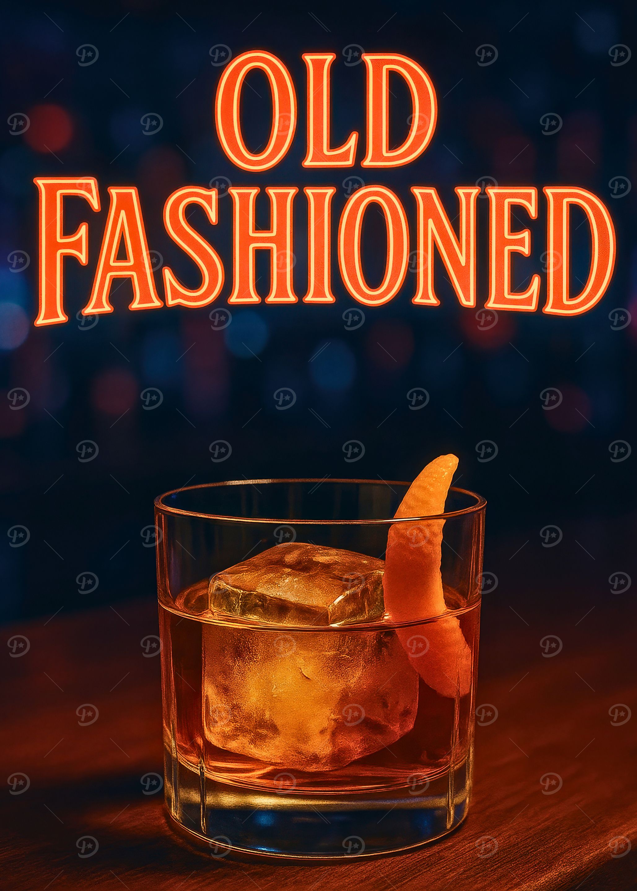 Neon-Lit Old Fashioned in Rocks Glass with Orange Twist