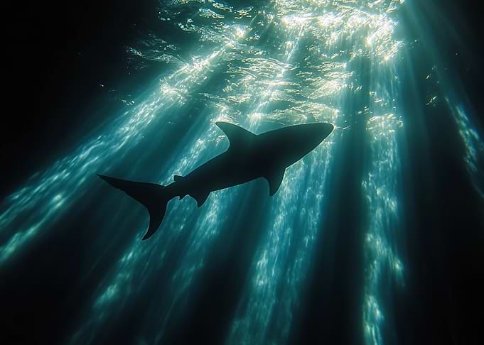 Shark Silhouette in Sunlit Ocean Depths