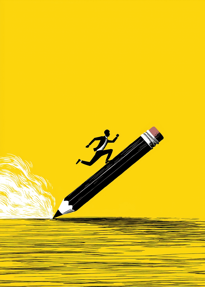 Man Running on Pencil, Yellow Background