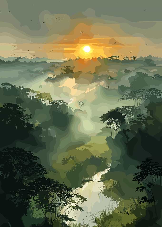Sunrise over Misty Forest Landscape Art