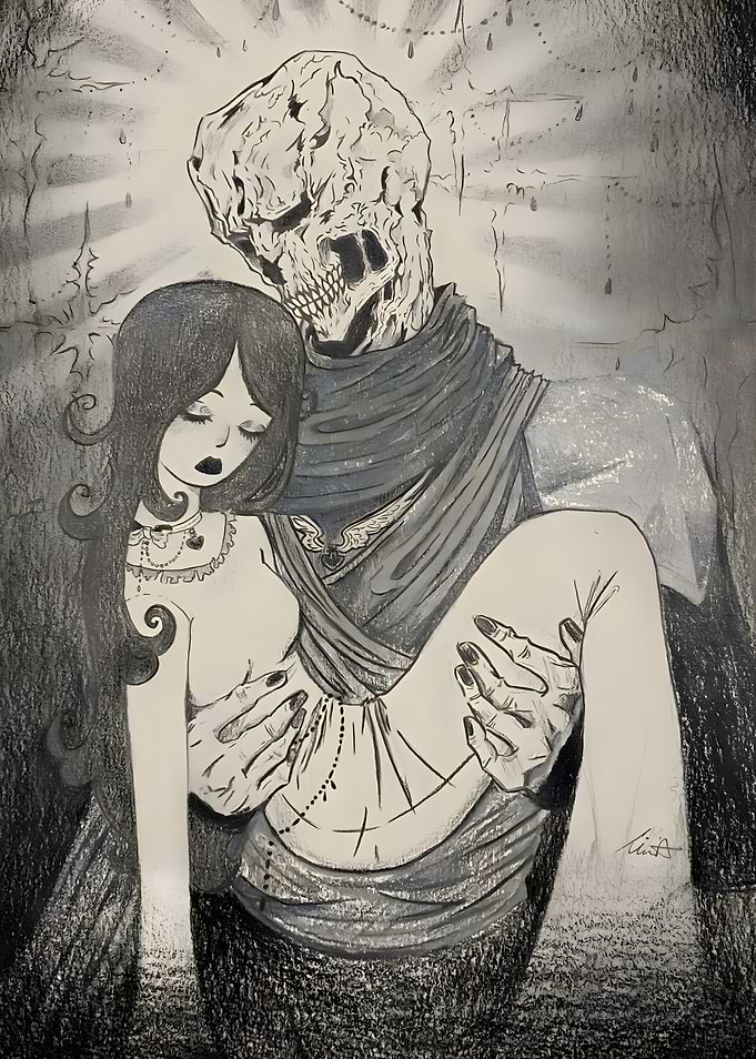Skeleton Carrying Woman Art