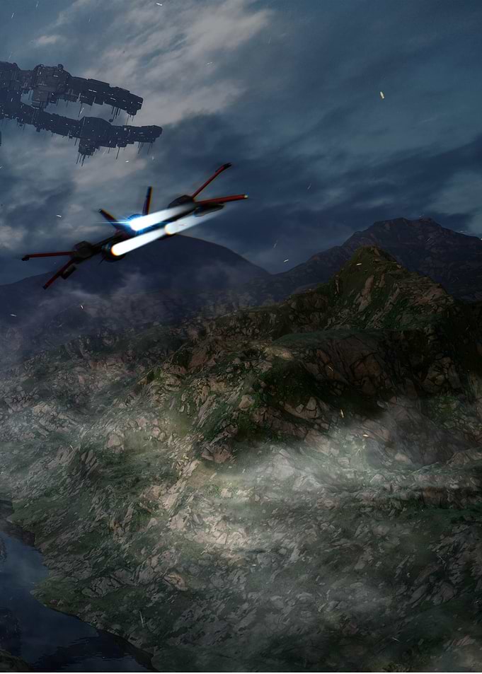 Futuristic Spaceship Over Mountainous Terrain
