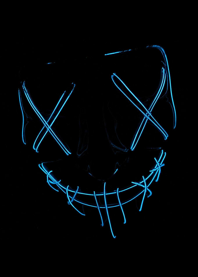 blue neon mask on black background