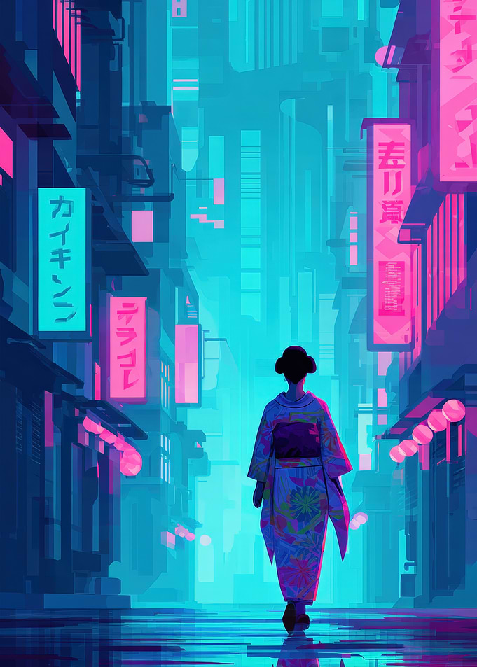 Cyberpunk Geisha in Neon Cityscape