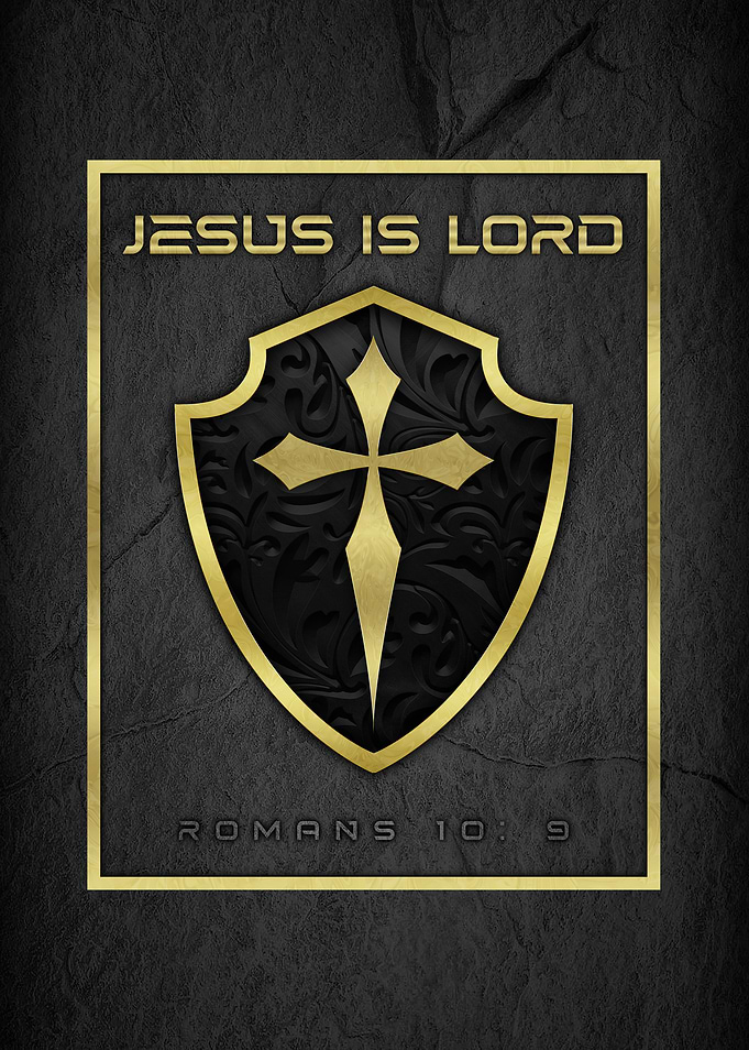 Jesus is Lord Shield Gold Cross Christian Faith Bible Verse
