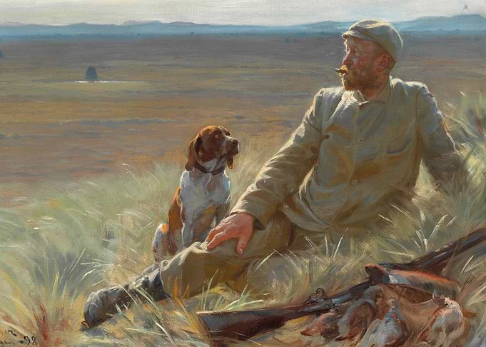 Hunter and Dog in Field Painting