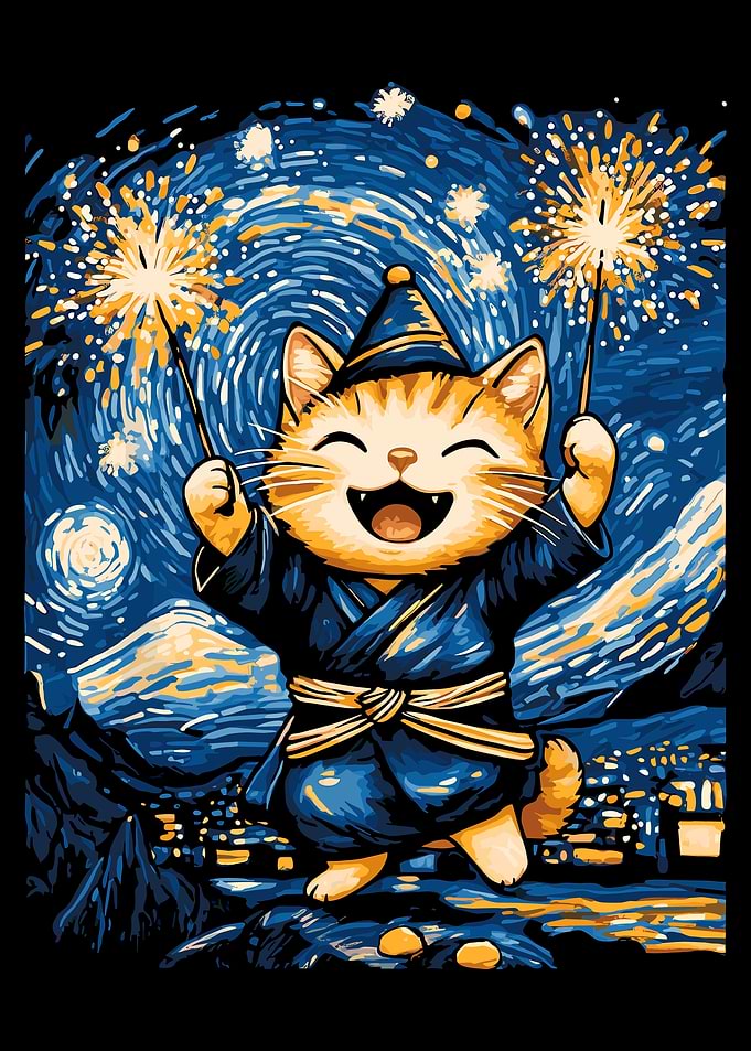 Happy Cat with Sparklers in Starry Night