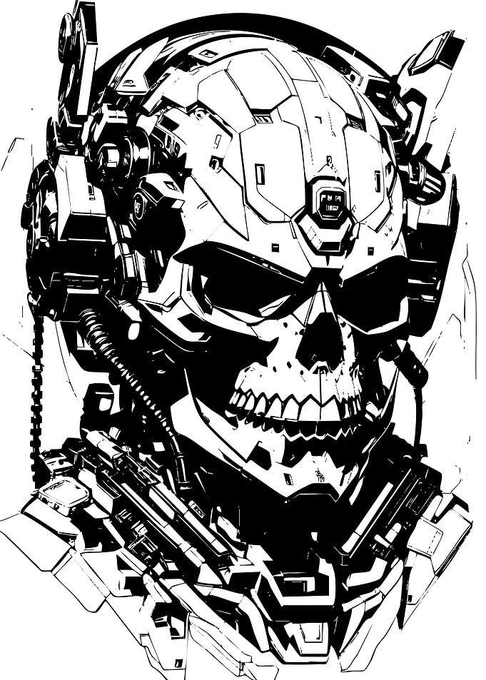 Cyberpunk Skull Robot Black and White