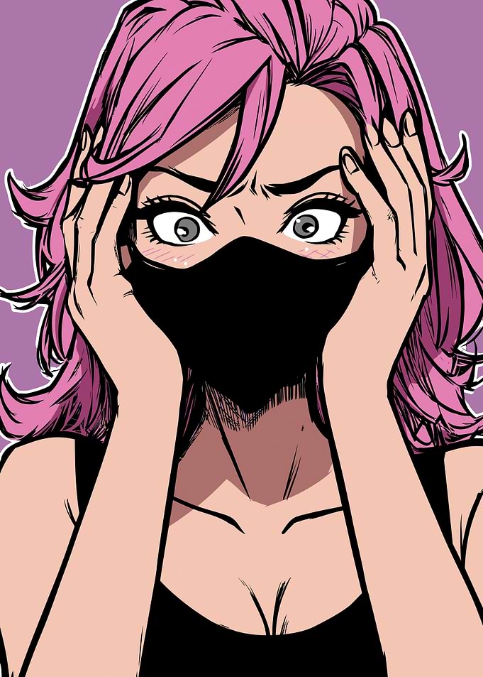 Worried Woman with Pink Hair and Mask