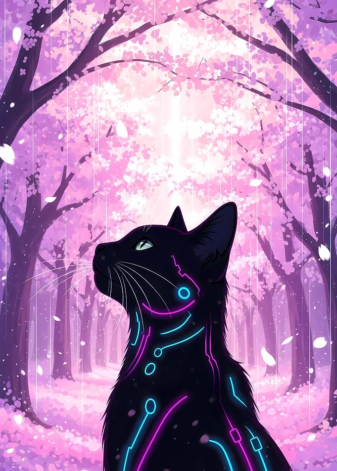 Cyber Cat in Cherry Blossom Forest