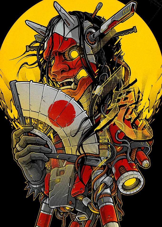 Cyberpunk Oni Mask with Japanese Fan