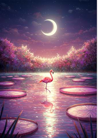 Flamingo in a Dreamy Lily Pond