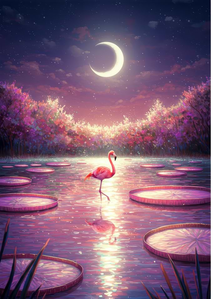 Flamingo in a Dreamy Lily Pond