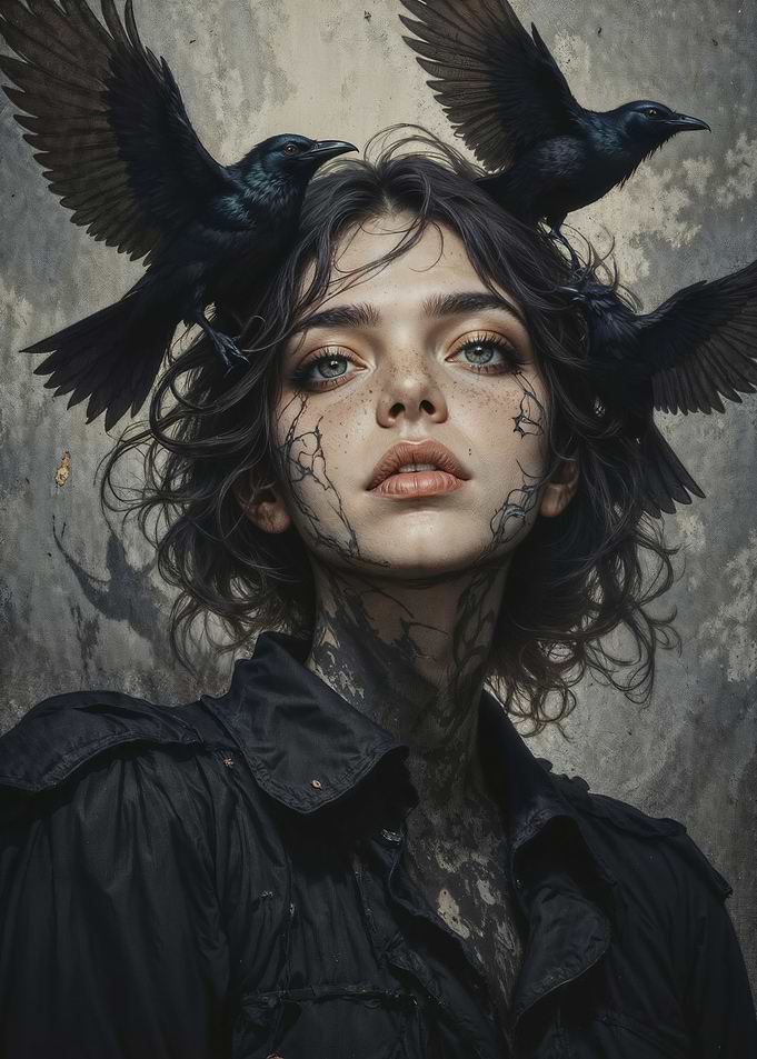 Enigmatic Gaze: Dark Fantasy Portrait of a Woman with Ravens