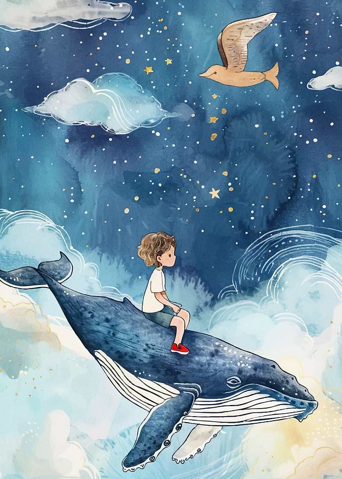 Boy Riding Whale Starry Sky