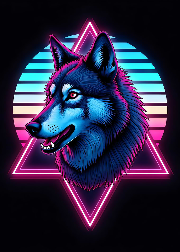 Neon Wolf Head with Geometric Shapes