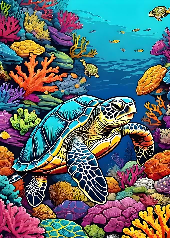 Colorful Sea Turtle in Coral Reef