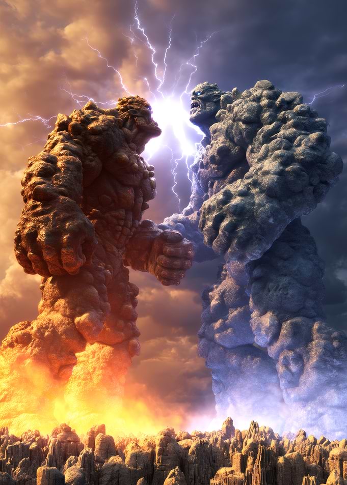 Elemental Giants Clash Under Stormy Skies