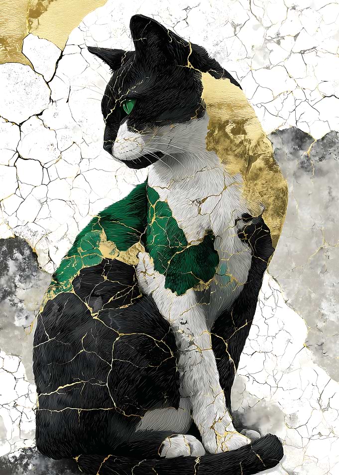 Elegant Cat Art with Kintsugi Accents