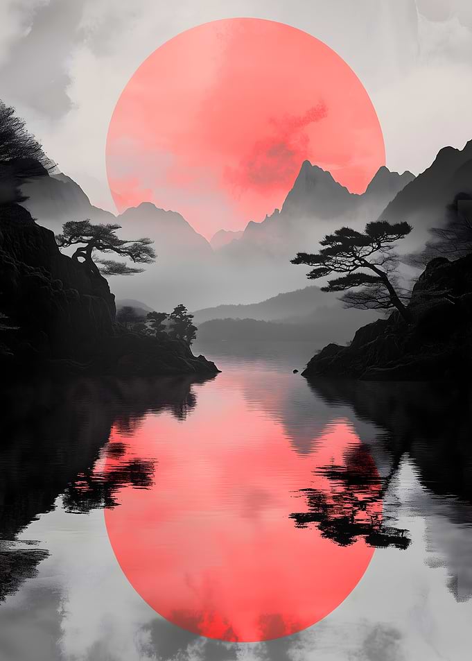 Red Sun Over Misty Mountain Lake