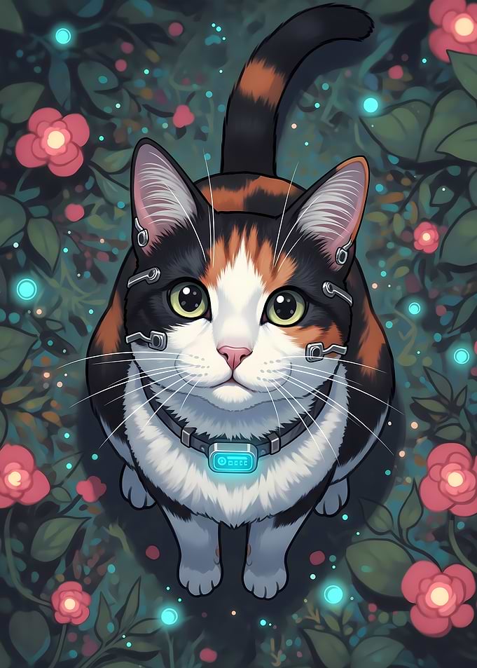 Cyber Cat Bloom | Floral Cybernetic Feline | Enchanted Garden
