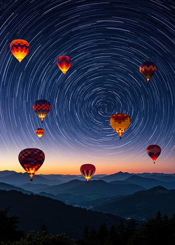 Hot Air Balloons Under Star Trails