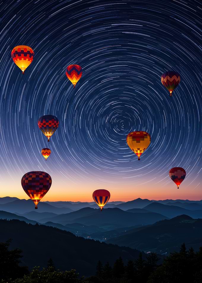 Hot Air Balloons Under Star Trails