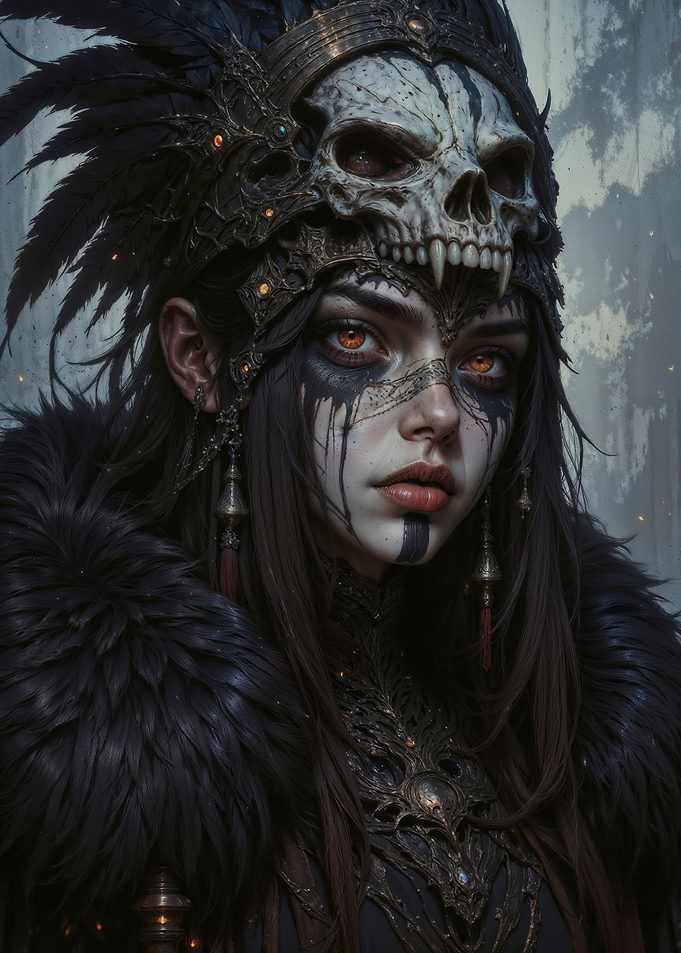 Tribal Shaman Warrior with Skull Headdress and Fiery Eyes