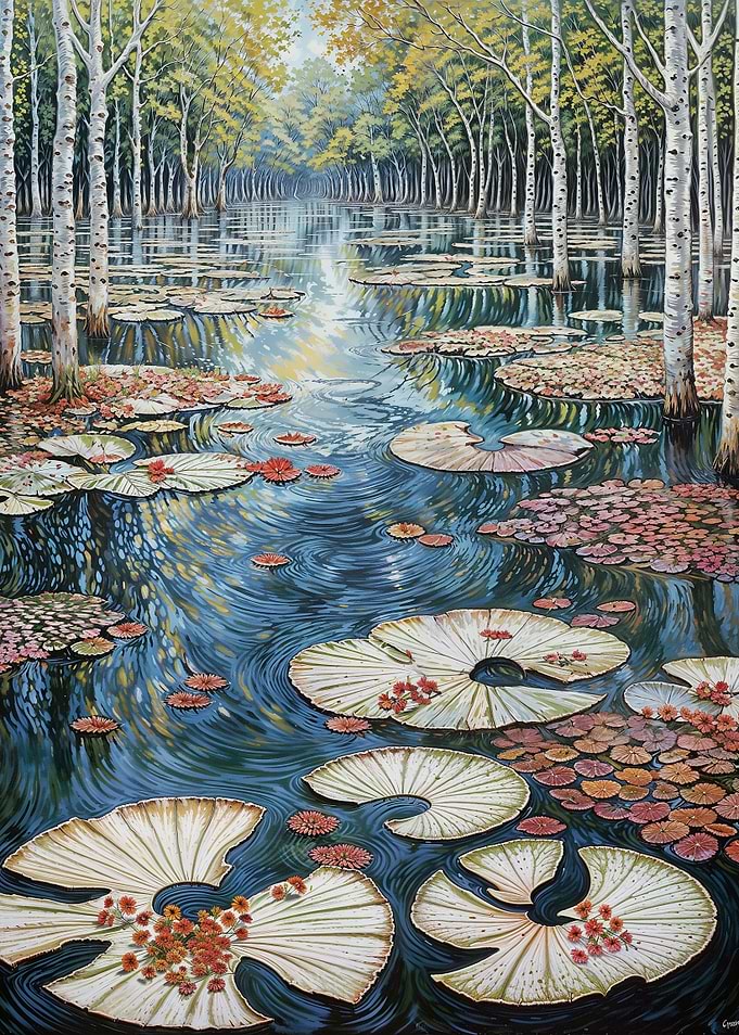 Tranquil Water Garden with Lily Pads and Birch Trees
