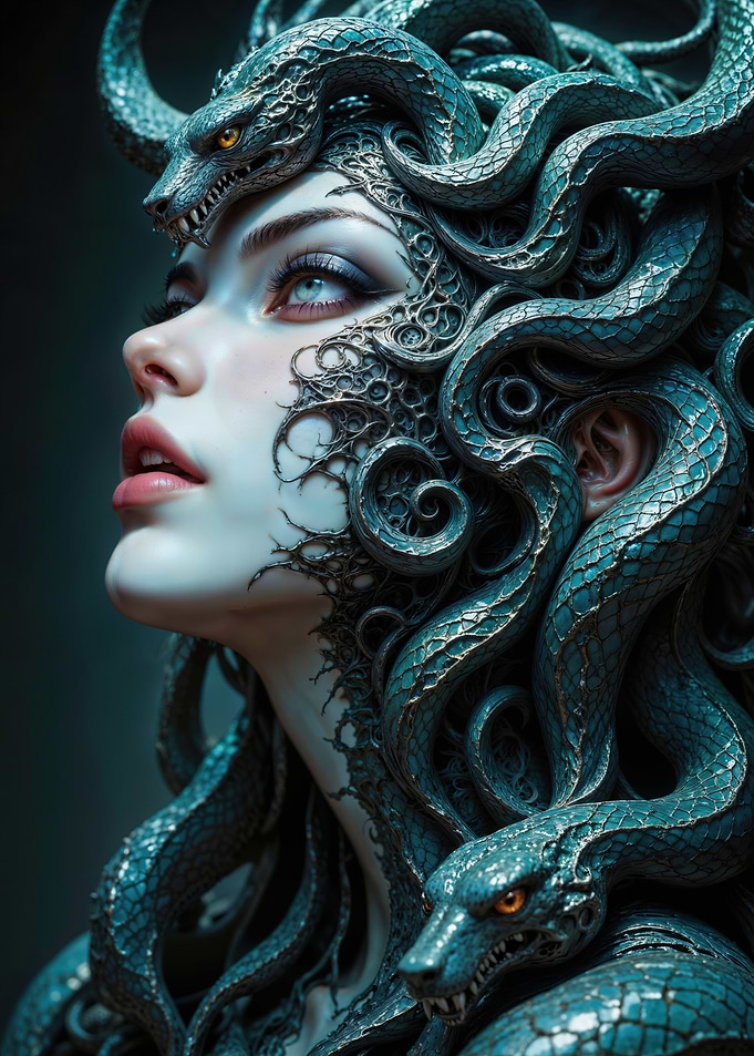 Enchanting Gorgon: Mystic Serpent Queen with Luminous Azure Eyes