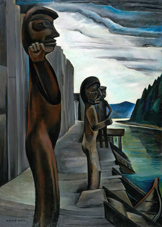 Totem Poles, Blunden Harbour Emily Carr Painting