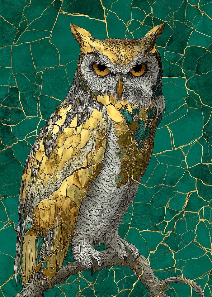Golden Owl on Branch with Emerald Background