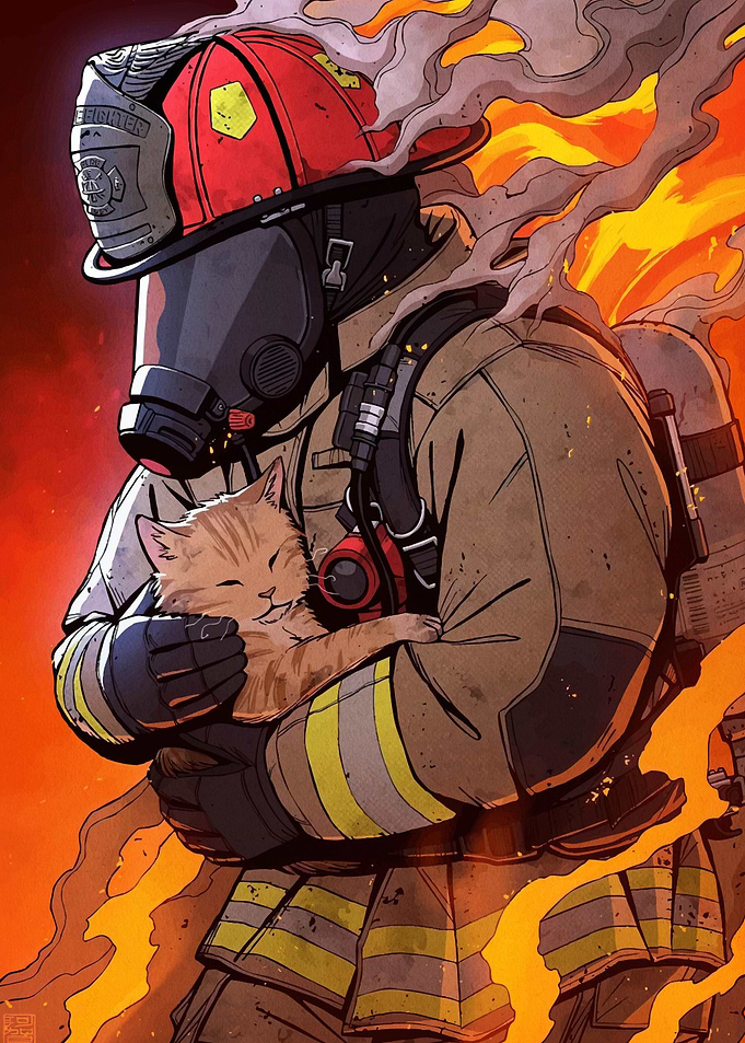 Firefighter Saving Cat Fiery Scene