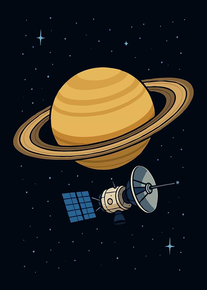 Cartoon Saturn and Satellite in Space