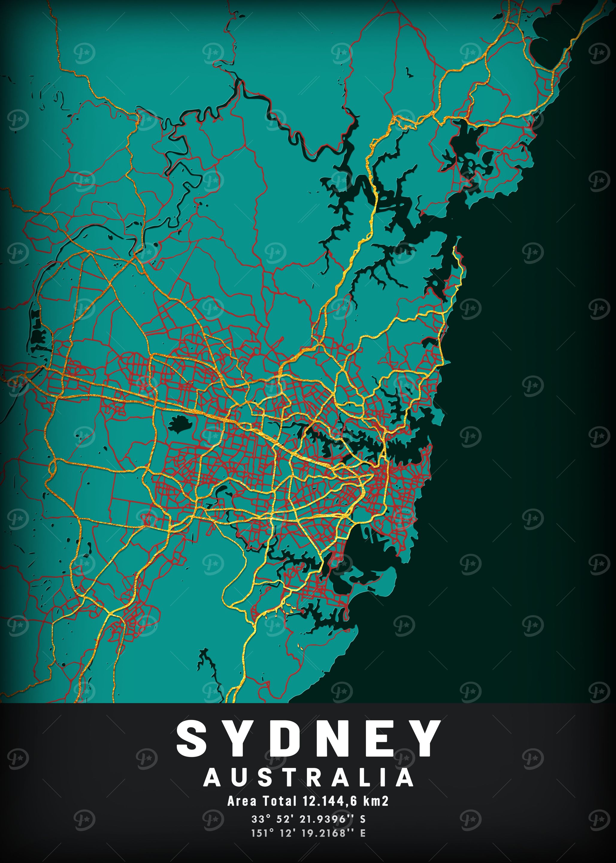 Sydney Australia Map Teal and Gold