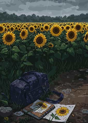 Rainy Sunflower Field with Bag and Sketch