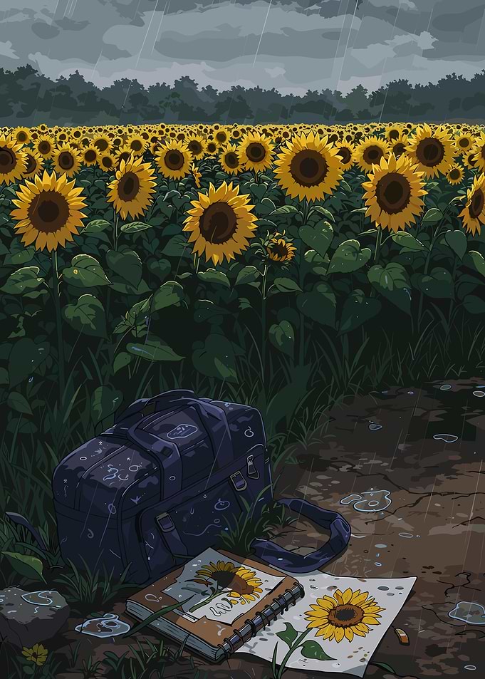 Rainy Sunflower Field with Bag and Sketch
